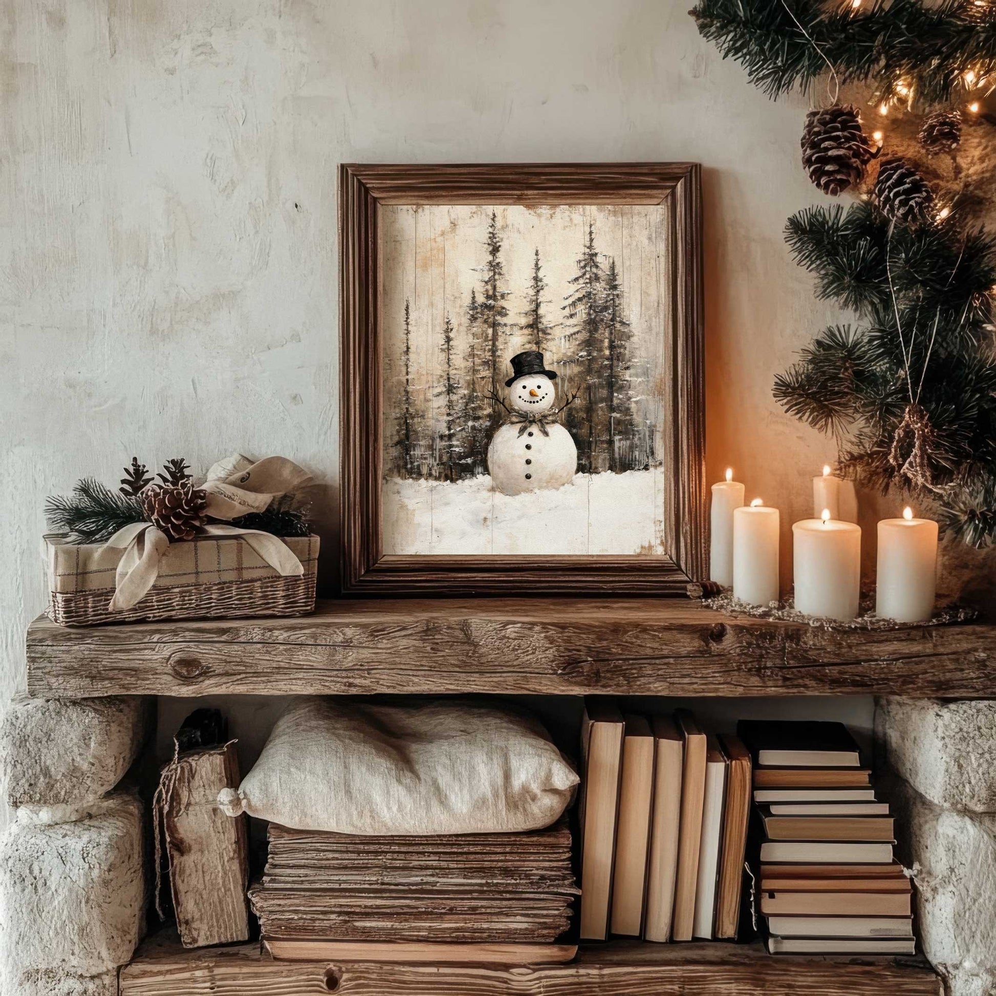 a muted vintage style snowman print in a cozy cottage living room