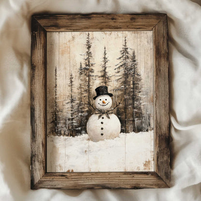 a muted vintage style painting of a snowman in a pine tree forest