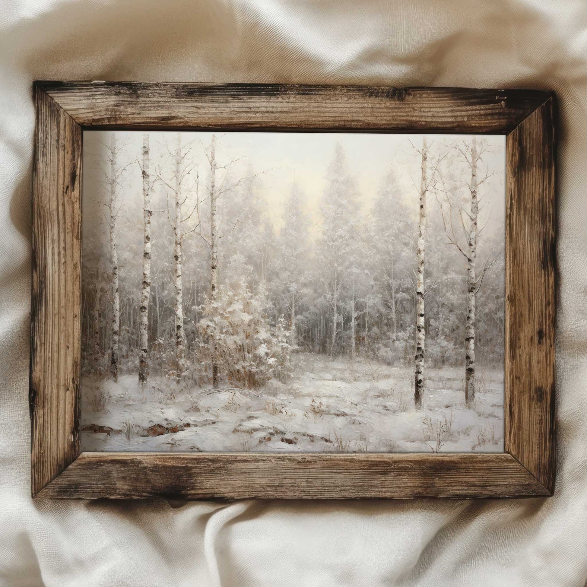 a vintage style art print of a winter forest in neutral colors