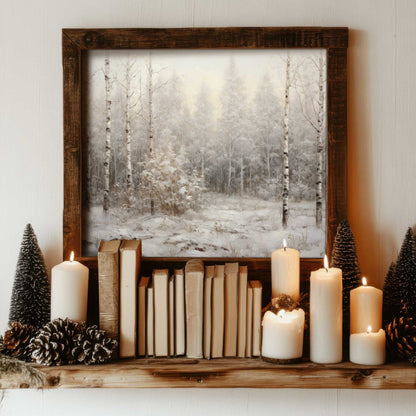 winter forest print on a bookshelf in a cozy cottage living room