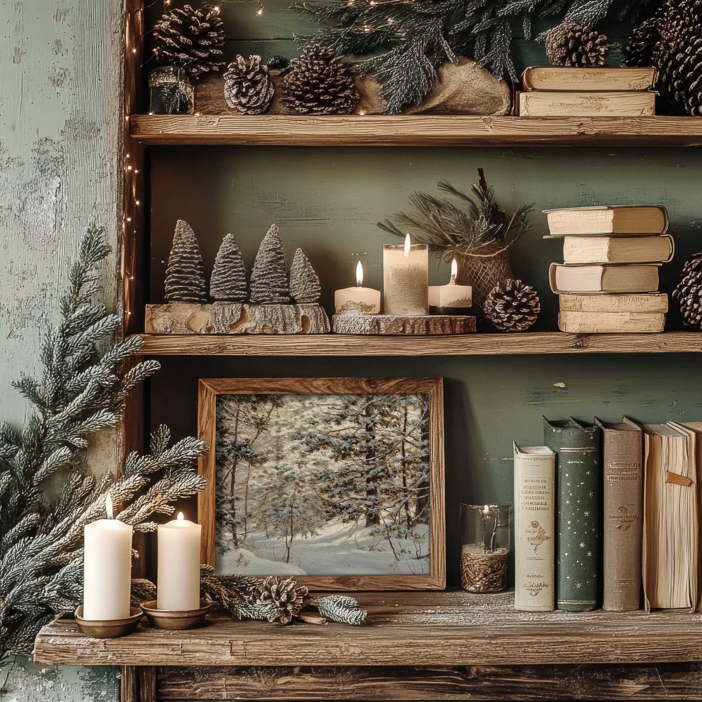 pine tree forest print in cozy rustic cottage room decorated for christmas