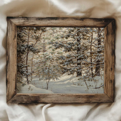 a vintage painting of a pine tree winter forest covered in snow