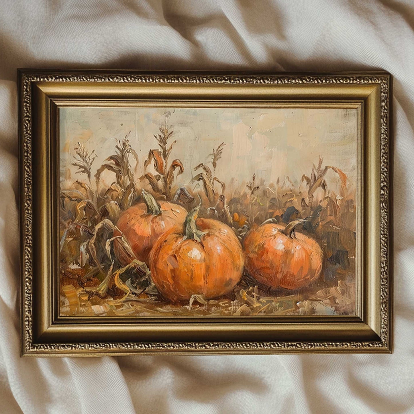 a vintage style painting of pumpkins laying on a country field. The painting is textured in the style of a vintage oil painting. 