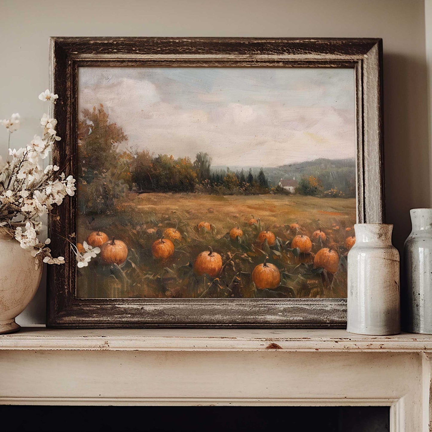 vintage style painting of a pumpkin patch displayed in a cottage decor room