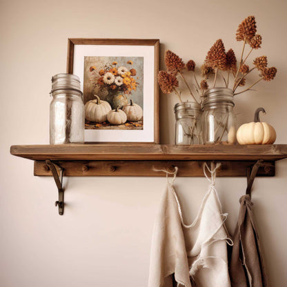 white pumpkins and autumn flowers print in a cottage kitchen decorated for fall