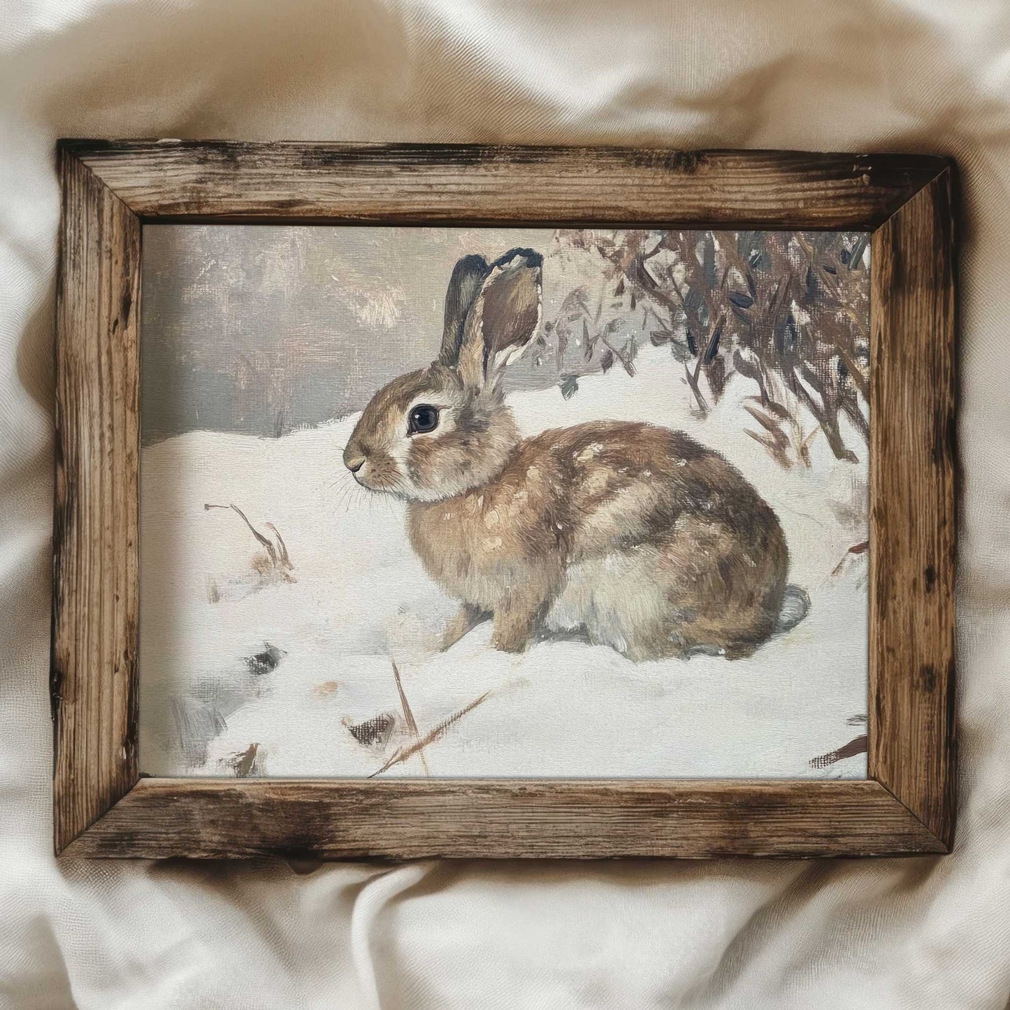 a vintage style art print of a brown rabbit in the snow