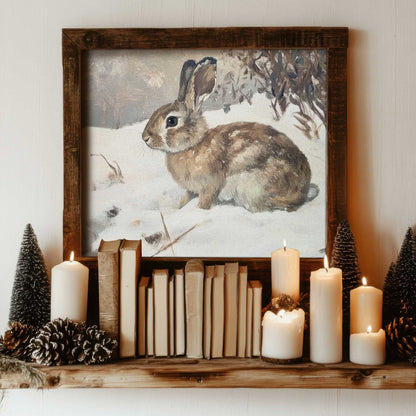 a vintage painting of a rabbit in the snow frame in a cozy cottage style home