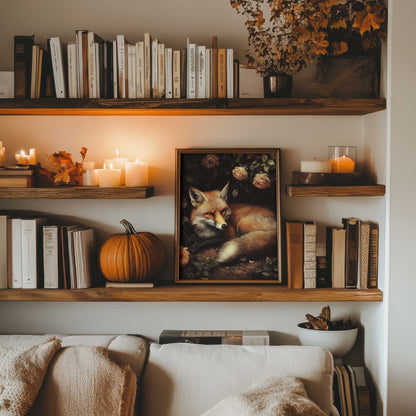 vintage red fox print in a cottage living room