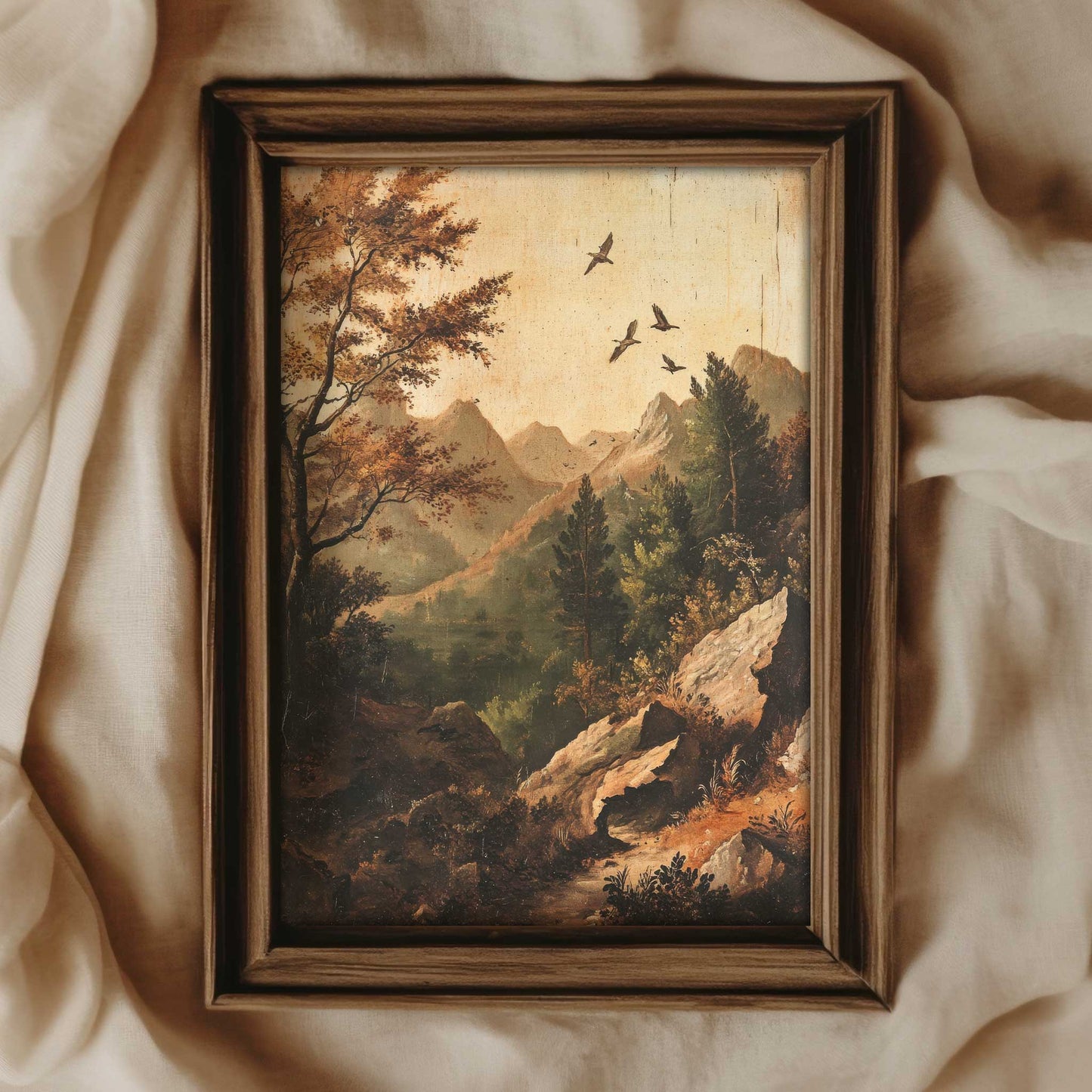 a rustic vintage style print displaying a mountain landscape in the appalachians in fall