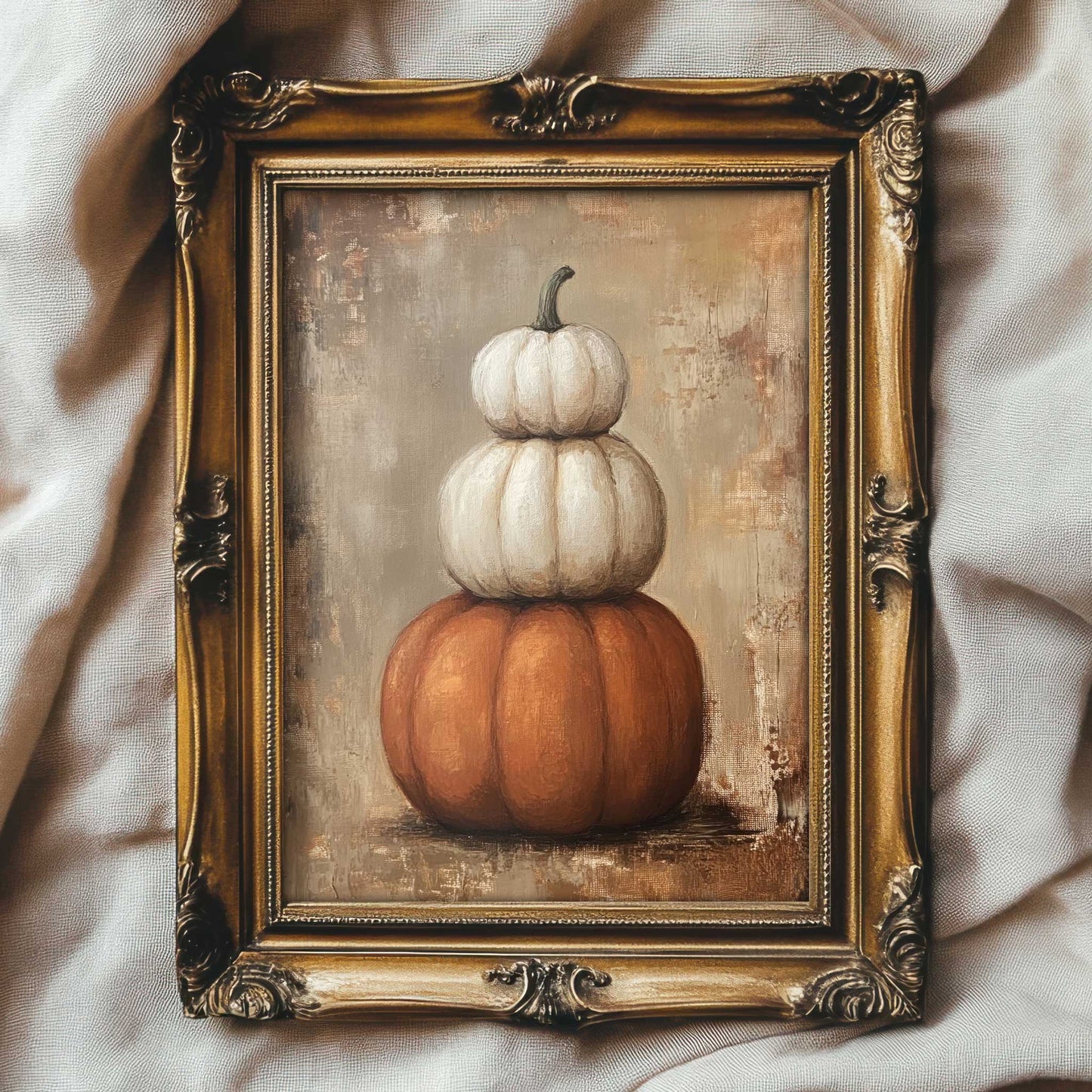 a vintage style print of three pumpkins stacked on top of each other, the bottom pumpkin is orange, the two top pumpkins are white. The painting has a rustic look. 