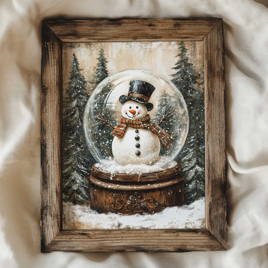 vintage style rustic print of a snowman in a snow globe surrounded by snowy pine trees