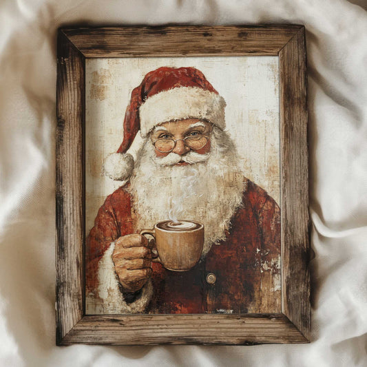 a vintage style print of Santa Claus holding a steaming cup of coffee. It has a cozy vibe. 