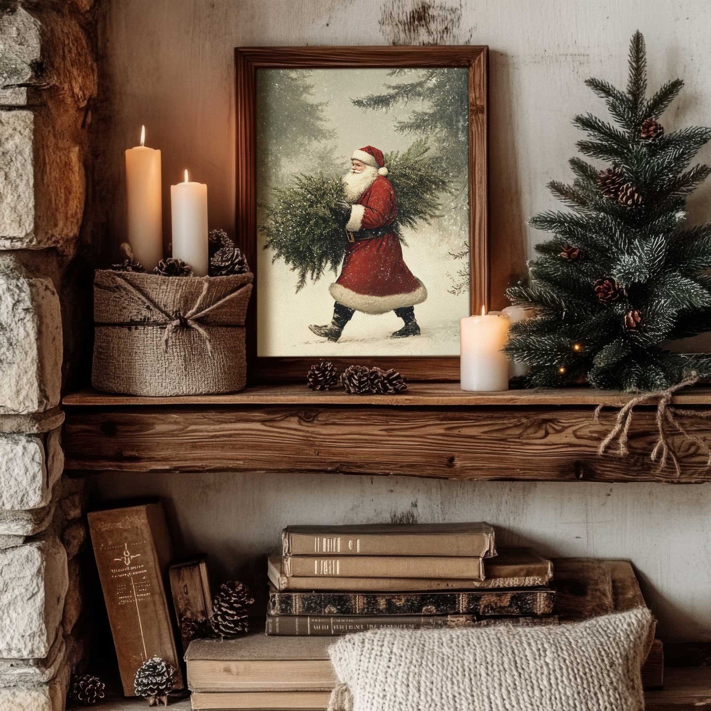 a framed print of Santa Claus carrying a christmas tree. The print is leaning on  a wall shelf in a cottage home. 