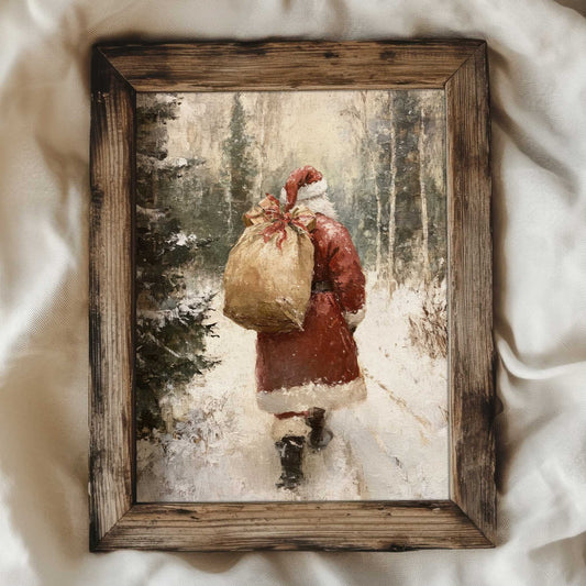 a vintage style art print of Santa Claus in a snowy forest carrying a bag of presents on his shoulder. The print is in the style of a vintage oil painting with a textured appearance. 