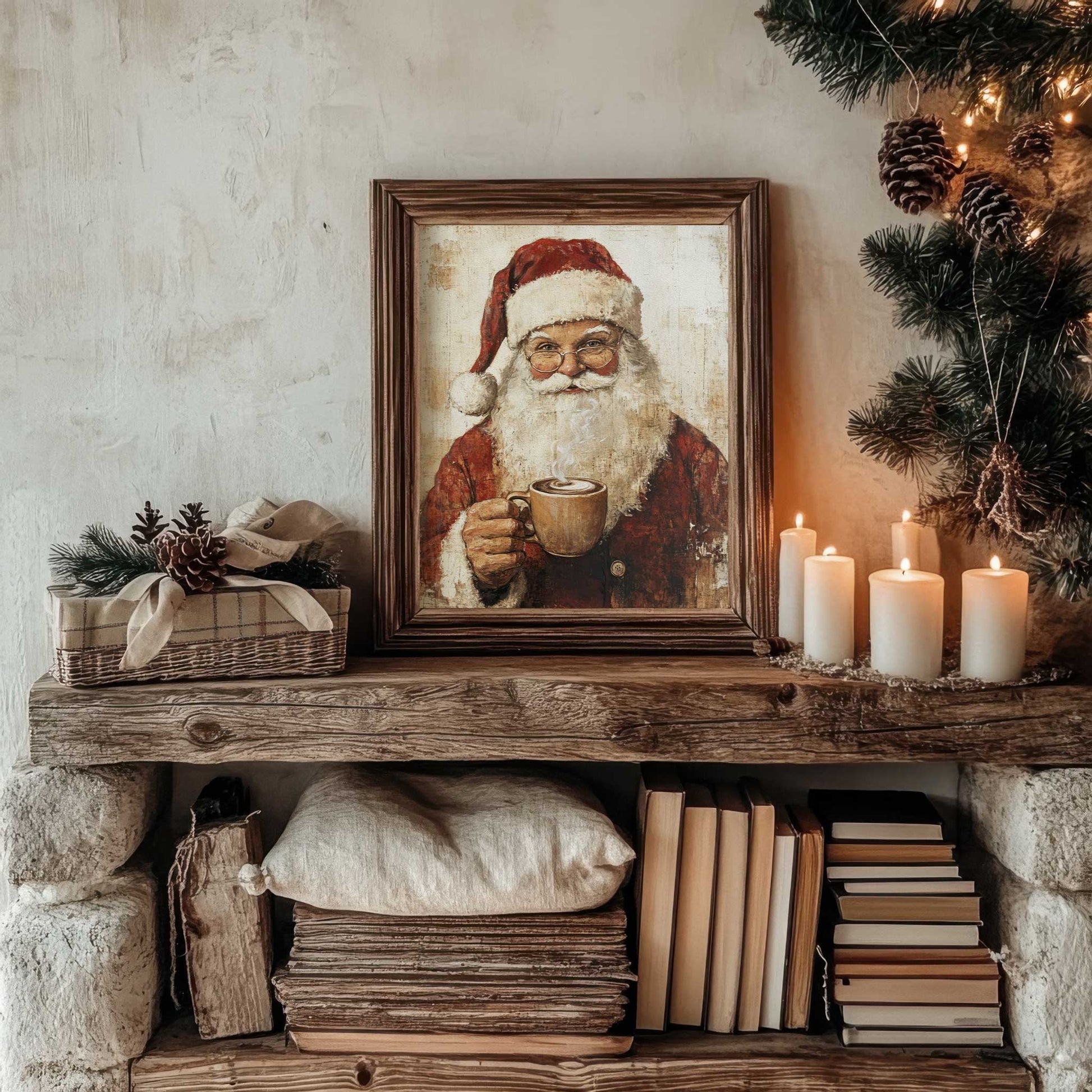 Santa Coffee print styled in a cottage christmas home