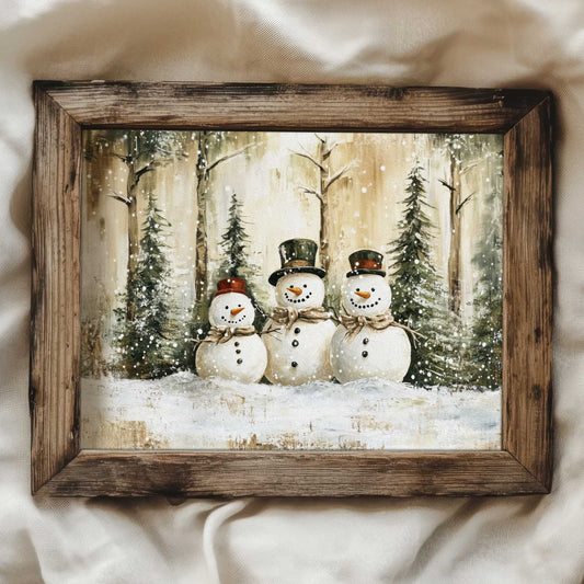 a vintage style art print of three snowmen in a winter forest. 