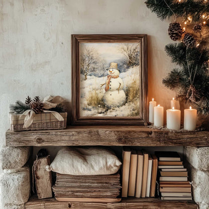 snowman print on a shelf in a cottage style home