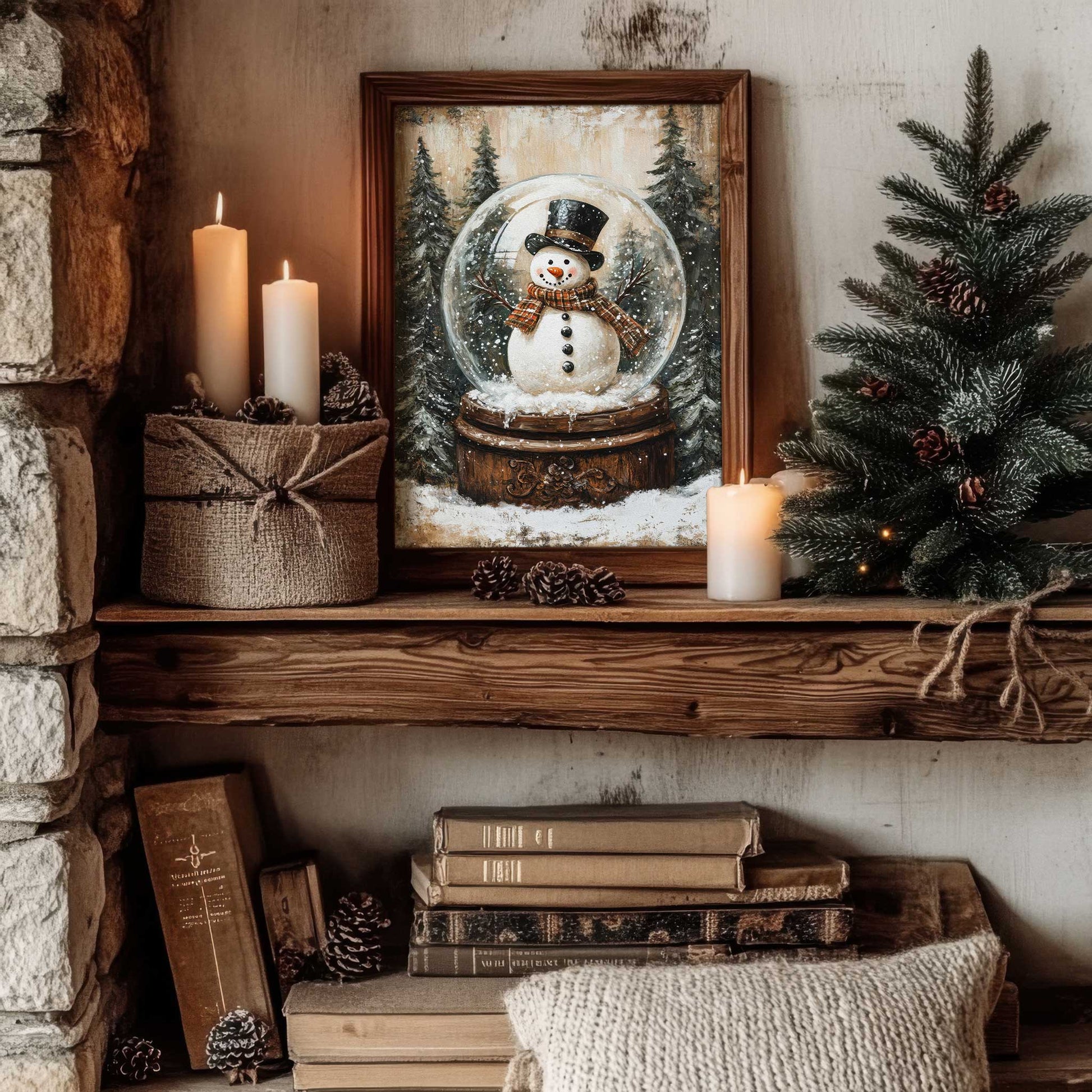 rustic snowman print styled on a wooden shelf in a country style home.