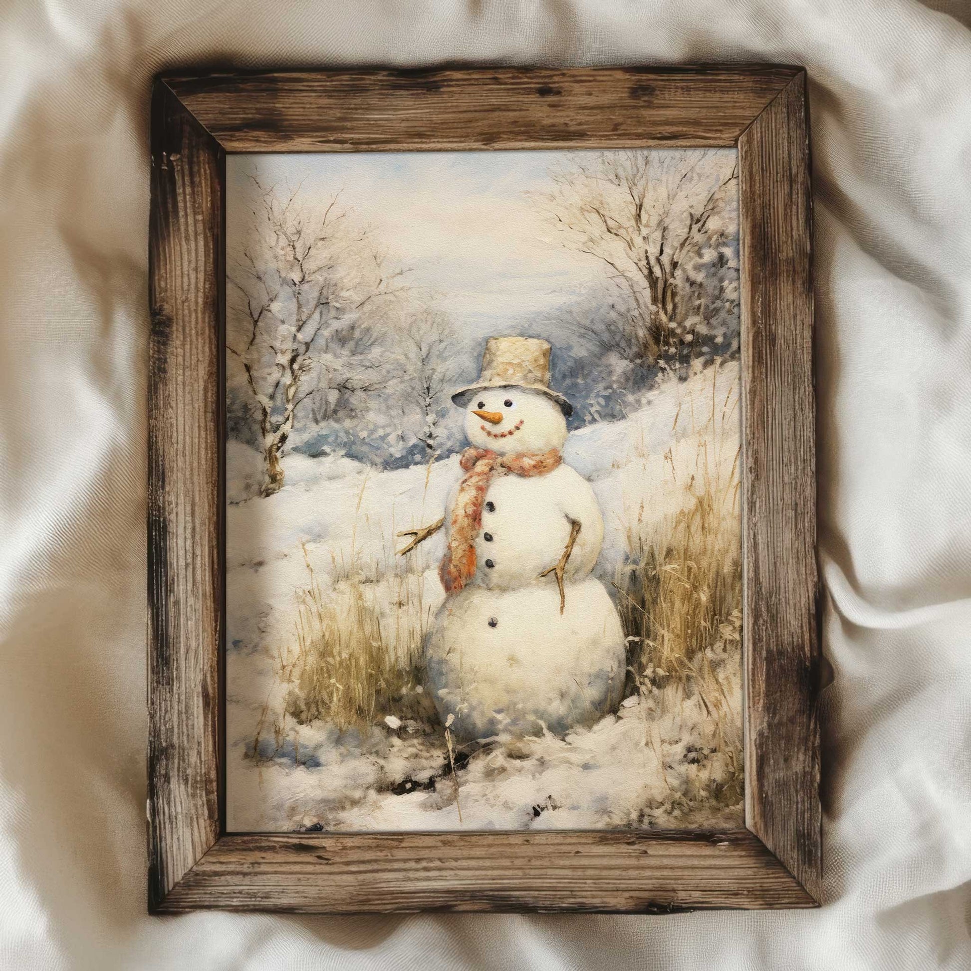 art print of a snowman in the style of a vintage oil painting