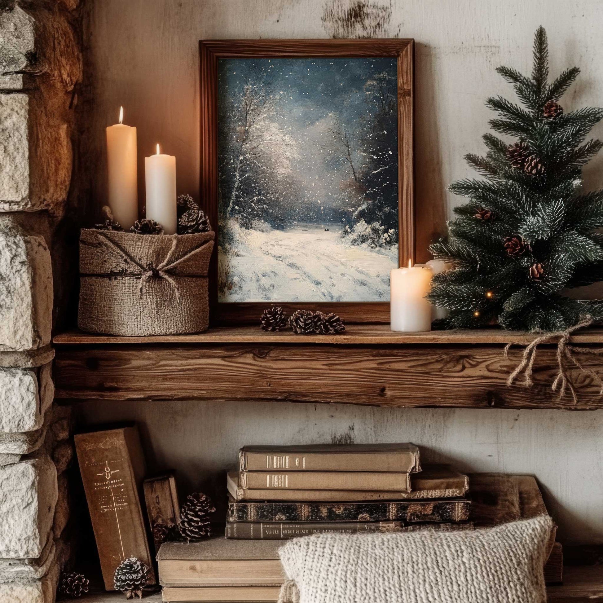 winter night print on a wall shelf in a cottage home