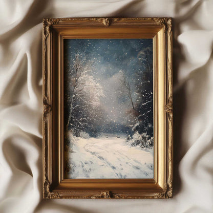 a vintage art print of a snowy night in a winter forest. The artwork is in the style of a vintage oil painting.