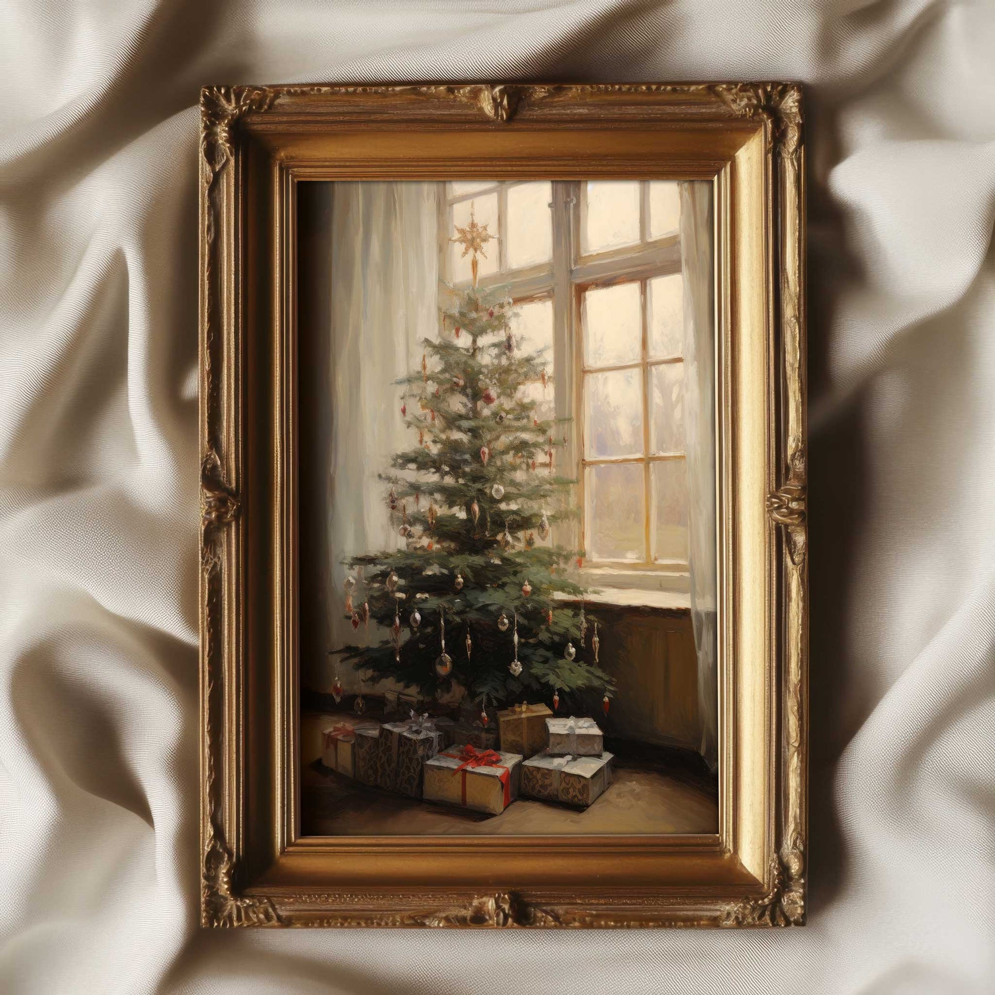 vintage style print showing a christmas tree with presents by a beautiful antique window