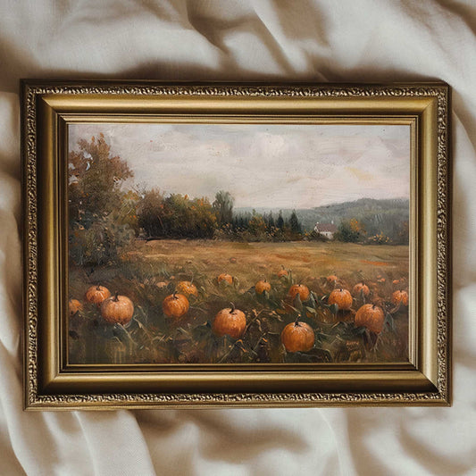 A vintage style painting of a pumpkin patch with a small house in the background. 