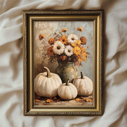 a vintage style painting of white pumpkins in front of autumn flowers in a vase. the print is in the style of an impressionist still life painting. 