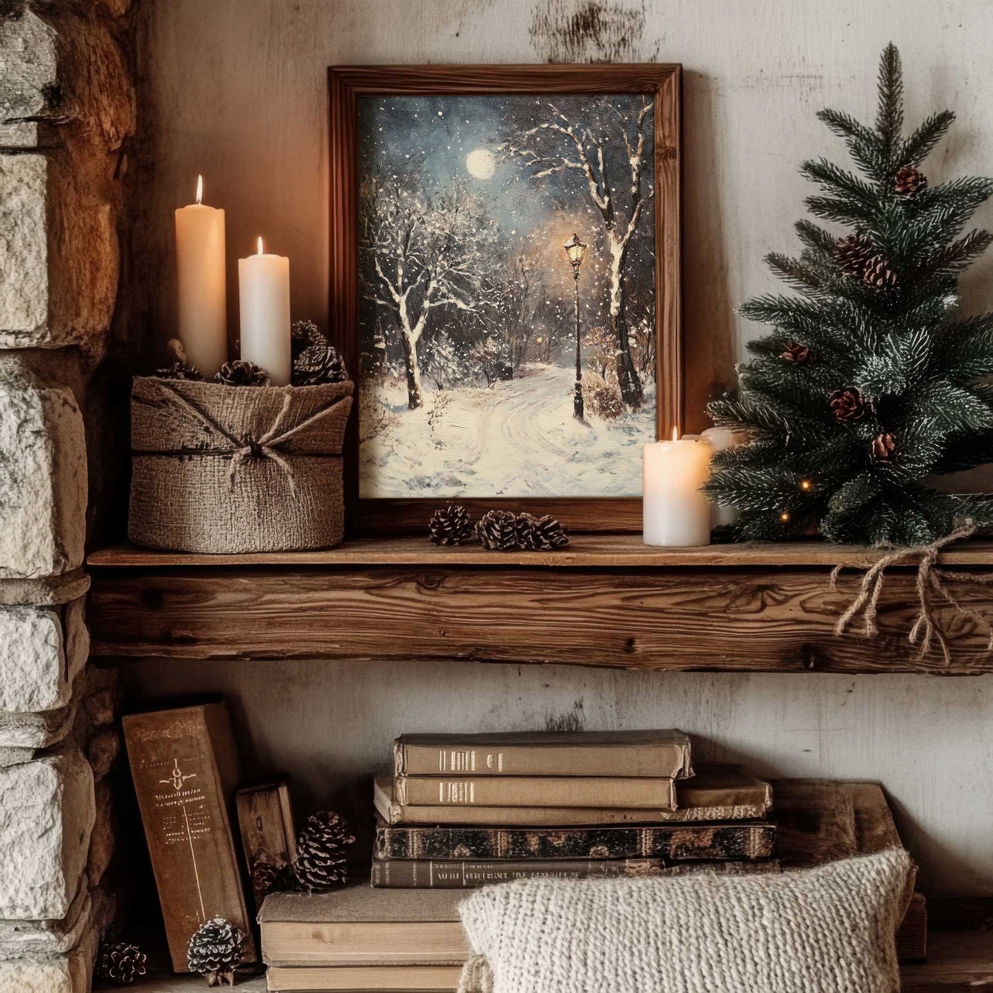 snowy winter night print on a wall shelf in a cottage style home