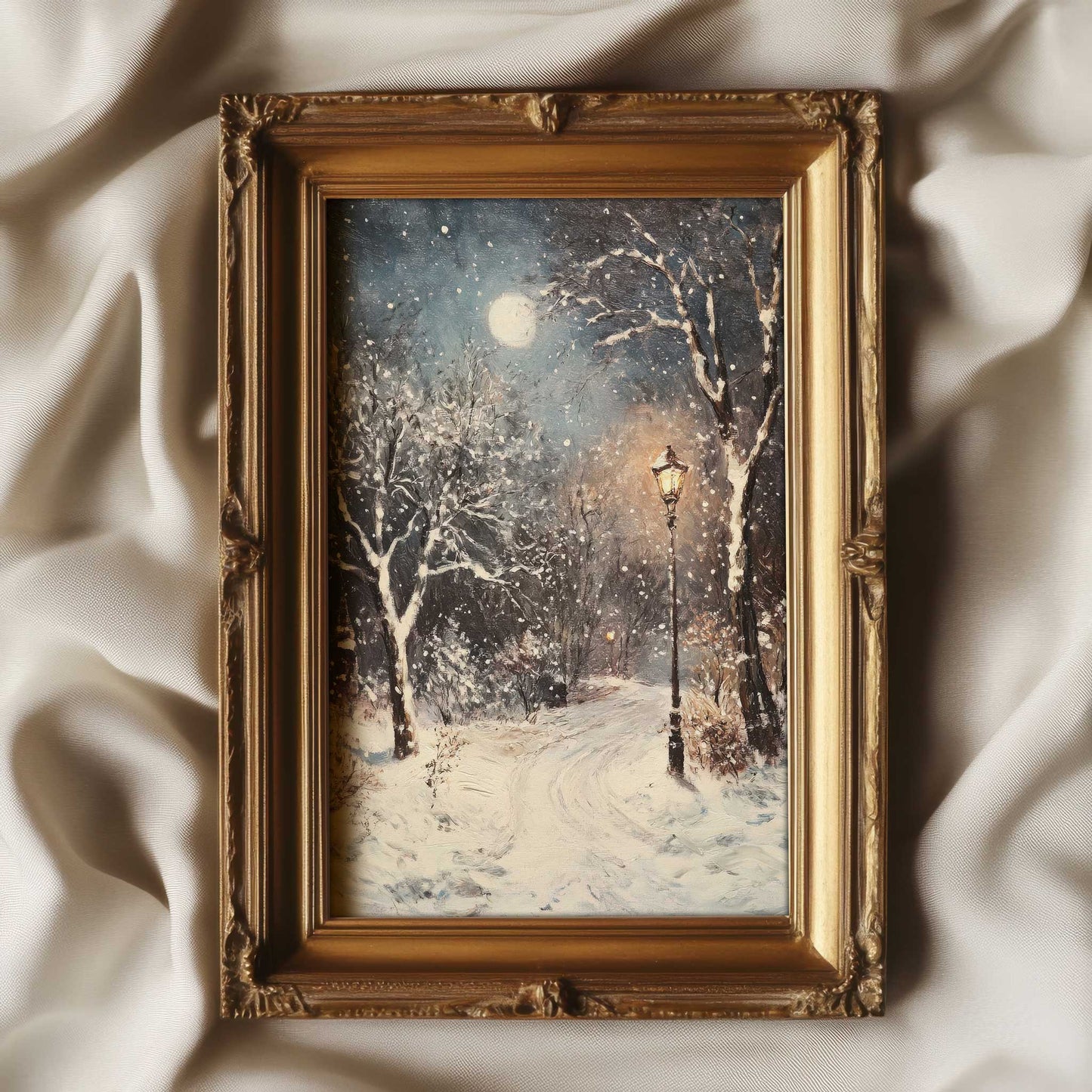 a vintage style painting of a lantern glowing in a snowy winter night